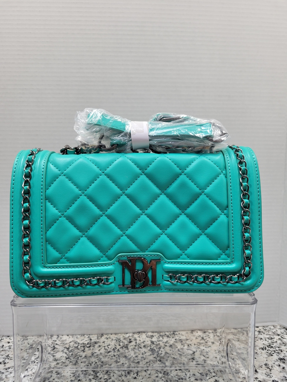 Badgley Mischka Quilted Turquoise Chain Shoulder Bag